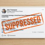 LinkedIn post card with AI-generated filler text stamped SUPPRESSED in orange