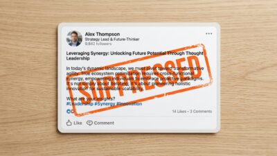 LinkedIn post card with AI-generated filler text stamped SUPPRESSED in orange