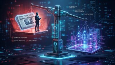 Scale tipping from journalism to AI, representing the power imbalance described in the Open Markets white paper