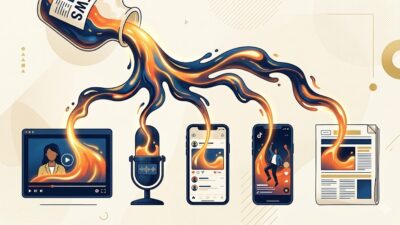Editorial illustration of a news article being poured into multiple media format containers