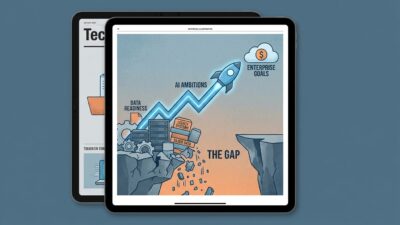 Rocket representing AI ambitions launching above crumbling data infrastructure