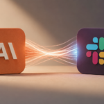 3D "AI" and Slack logo blocks connected by glowing energy strands