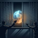 Editorial illustration showing a glowing AI model behind a government barrier