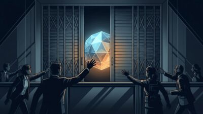Editorial illustration showing a glowing AI model behind a government barrier