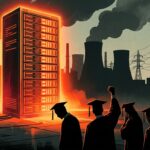 Editorial illustration of a glowing data center with Gen Z graduates raising fists in protest