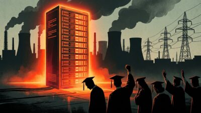 Editorial illustration of a glowing data center with Gen Z graduates raising fists in protest