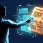 Editorial illustration: a person reaches past a glowing AI chatbot interface to grasp a glowing folded newspaper. Conceptual artwork on news trust.