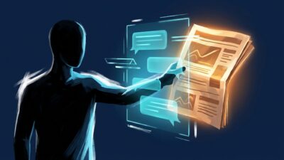 Editorial illustration: a person reaches past a glowing AI chatbot interface to grasp a glowing folded newspaper. Conceptual artwork on news trust.