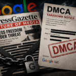 A dramatic editorial illustration shows a chained and redacted PressGazette Future of Media newspaper beside a large “DMCA Takedown Notice” branded with Google’s logo. Black censor bars, a padlock marked with a “G,” and a takedown stamp suggest Google using copyright claims to suppress press freedom.