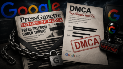 A dramatic editorial illustration shows a chained and redacted PressGazette Future of Media newspaper beside a large “DMCA Takedown Notice” branded with Google’s logo. Black censor bars, a padlock marked with a “G,” and a takedown stamp suggest Google using copyright claims to suppress press freedom.