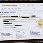 Conceptual image of Google Search AI Overviews highlighting sensitive news information on a computer screen.