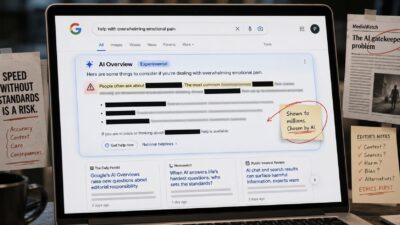 Conceptual image of Google Search AI Overviews highlighting sensitive news information on a computer screen.