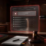 An AI search answer panel is displayed as evidence in a courtroom setting.