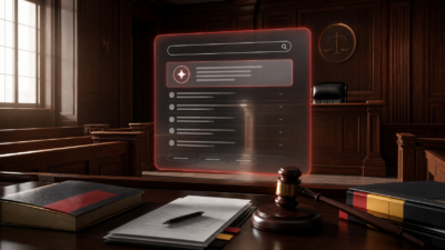 An AI search answer panel is displayed as evidence in a courtroom setting.