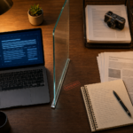Top-down view of a newsroom desk showing a laptop with AI interface on the left, a REVIEWED stamp on a glass panel in the center, and AP documents and a vintage camera on the right.