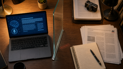 Top-down view of a newsroom desk showing a laptop with AI interface on the left, a REVIEWED stamp on a glass panel in the center, and AP documents and a vintage camera on the right.