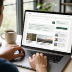 A reader views a publisher news website with an integrated AI answer panel and article recommendation modules on a laptop.