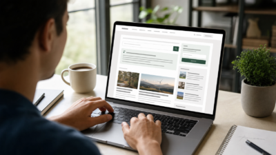 A reader views a publisher news website with an integrated AI answer panel and article recommendation modules on a laptop.