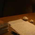 Stack of dog-eared Fiction Feast magazines on a cluttered writing desk beside a handwritten manuscript, a lamp casting warm light over an empty chair