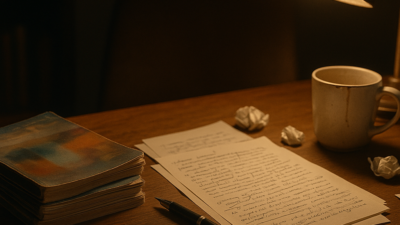 Stack of dog-eared Fiction Feast magazines on a cluttered writing desk beside a handwritten manuscript, a lamp casting warm light over an empty chair