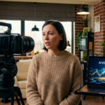 A woman with a dark bob haircut, wearing a beige knit sweater, sits speaking in front of a professional video camera on a tripod. To her right, a laptop displays AI Voice Assistant with a microphone icon and blue data graphics. The setting is a cozy interior with exposed brick walls, hanging pendant lights, potted plants, and warm lamp lighting.