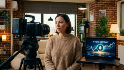 A woman with a dark bob haircut, wearing a beige knit sweater, sits speaking in front of a professional video camera on a tripod. To her right, a laptop displays AI Voice Assistant with a microphone icon and blue data graphics. The setting is a cozy interior with exposed brick walls, hanging pendant lights, potted plants, and warm lamp lighting.