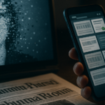 A fictional byline photo dissolves into pixels on a glowing screen, surrounded by Alabama small-town newspaper printouts while a hand holds a phone confirming the papers are active