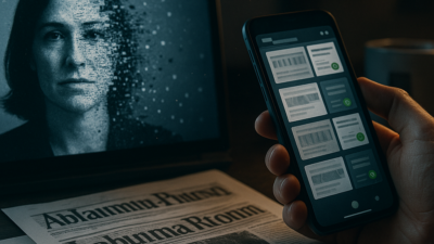 A fictional byline photo dissolves into pixels on a glowing screen, surrounded by Alabama small-town newspaper printouts while a hand holds a phone confirming the papers are active
