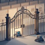 Ornate iron gate at the entrance of a digital newspaper archive with small robot crawlers approaching