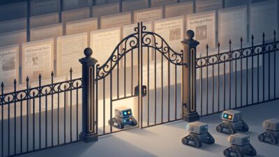 Ornate iron gate at the entrance of a digital newspaper archive with small robot crawlers approaching