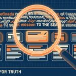 Editorial illustration of a magnifying glass over a search results page with an AI-generated answer at the top and clean news article snippets beneath.