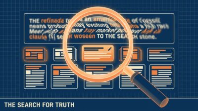 Editorial illustration of a magnifying glass over a search results page with an AI-generated answer at the top and clean news article snippets beneath.