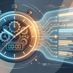 Editorial illustration of a stopwatch merging into an AI answer panel with citation lines