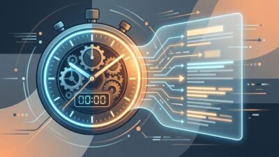 Editorial illustration of a stopwatch merging into an AI answer panel with citation lines