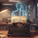 Editorial illustration of a typewriter with a single human byline on the page, a robot silhouette dissolving into pixels behind it in a newsroom setting.