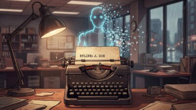 Editorial illustration of a typewriter with a single human byline on the page, a robot silhouette dissolving into pixels behind it in a newsroom setting.
