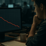 A journalist sits at a cluttered London newsroom desk staring at a monitor displaying a sharply declining analytics traffic graph under fluorescent office lighting