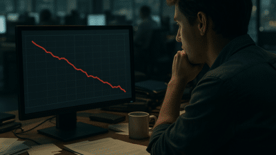 A journalist sits at a cluttered London newsroom desk staring at a monitor displaying a sharply declining analytics traffic graph under fluorescent office lighting