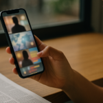Young adult scrolling a vertical video news feed on a smartphone in natural daylight, with a folded traditional newspaper untouched on the table beside them