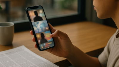 Young adult scrolling a vertical video news feed on a smartphone in natural daylight, with a folded traditional newspaper untouched on the table beside them
