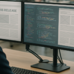 A PR staffer views newsroom monitors displaying press releases overlaid with structured-data code and article templates.