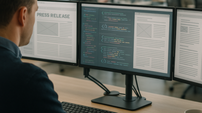 A PR staffer views newsroom monitors displaying press releases overlaid with structured-data code and article templates.