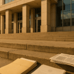 Federal courthouse exterior in Oakland, California, with legal documents and folded newspapers resting on stone steps in afternoon light