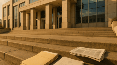 Federal courthouse exterior in Oakland, California, with legal documents and folded newspapers resting on stone steps in afternoon light