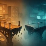 Editorial illustration of a broken bridge between a traditional newsroom and an AI-powered newsroom, symbolizing barriers to AI adoption.