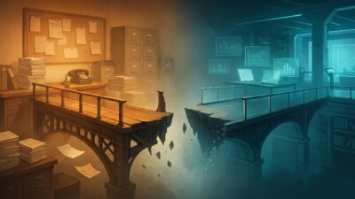 Editorial illustration of a broken bridge between a traditional newsroom and an AI-powered newsroom, symbolizing barriers to AI adoption.
