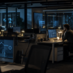 An almost-empty newsroom with vacant desks and one reporter working late, illustrating journalism workforce cuts amid AI and changing consumer habits.