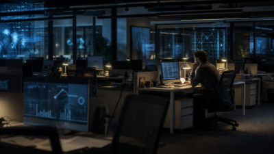 An almost-empty newsroom with vacant desks and one reporter working late, illustrating journalism workforce cuts amid AI and changing consumer habits.