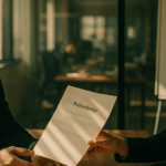 A mid-career journalist receives a redundancy letter from an HR manager in a glass-walled meeting room, with a whiteboard listing 'digital-first roles' and 'data-informed skills' behind them.