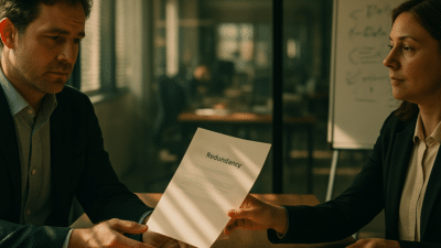 A mid-career journalist receives a redundancy letter from an HR manager in a glass-walled meeting room, with a whiteboard listing 'digital-first roles' and 'data-informed skills' behind them.